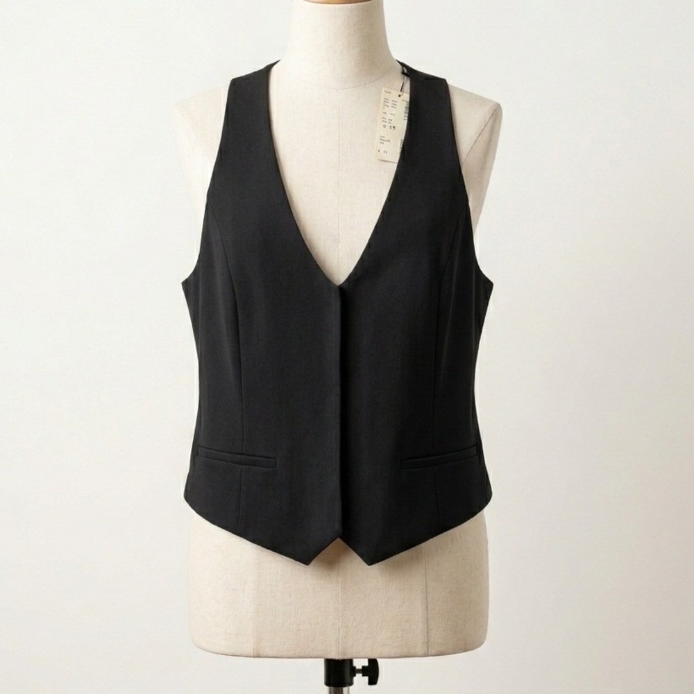 Vintage Y2K Black Stretch Waistcoat Vest Size 16 Deadstock‎ Minimalist